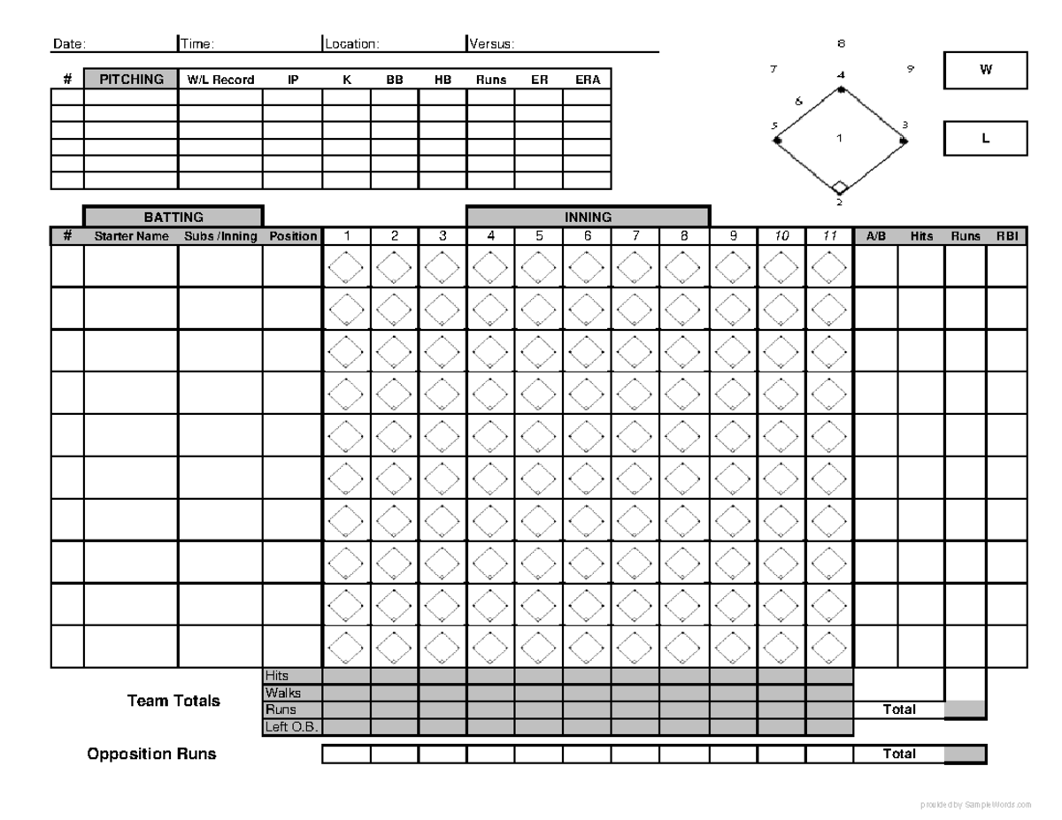 Baseball Scoresheet Template 09 - Date: Time: Location: Versus: W ...
