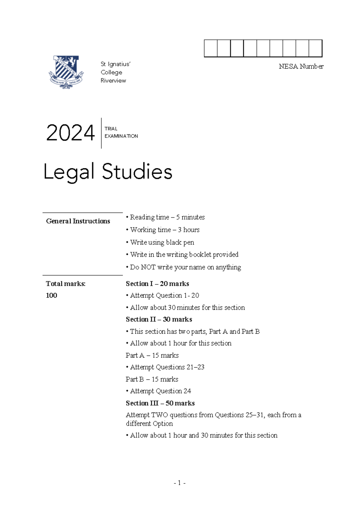 12LST HSC Trial Exam 2024: Legal Studies General Instructions - Studocu