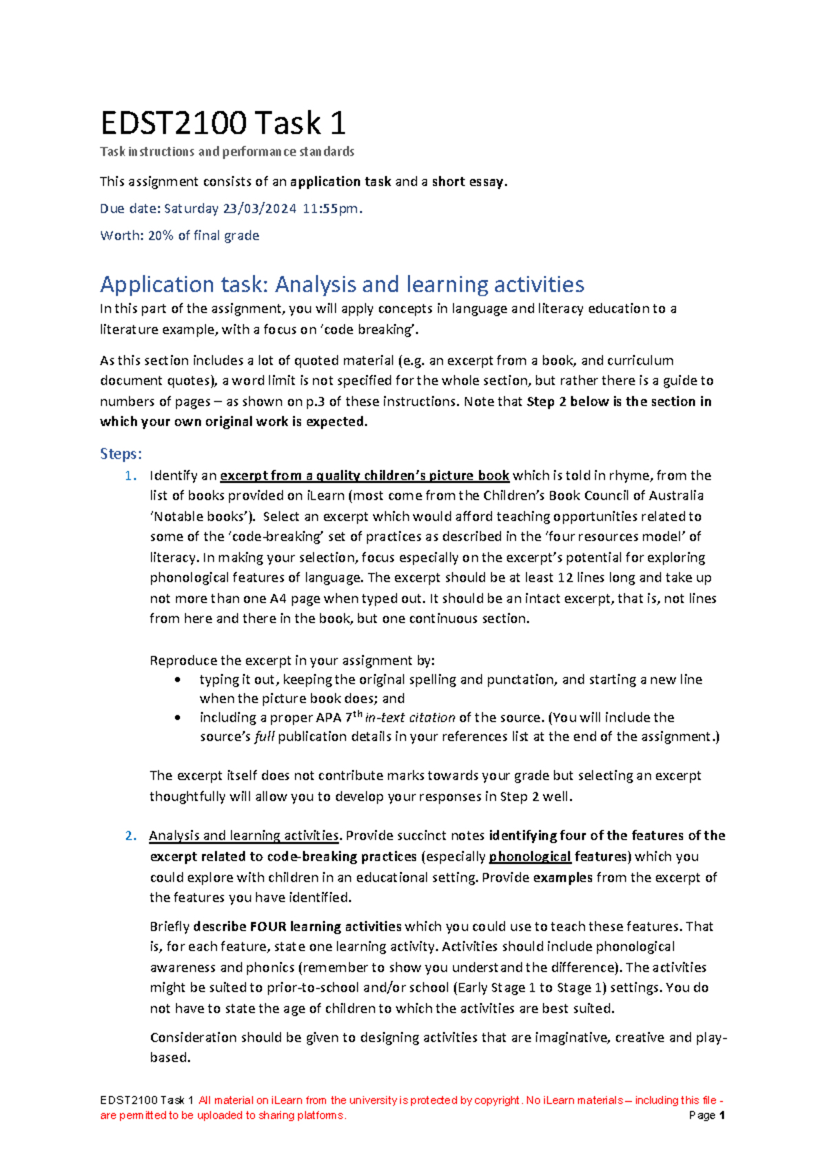 EDST2100 Task 1 Instructions & Guidelines for 2024 Assignment - Studocu