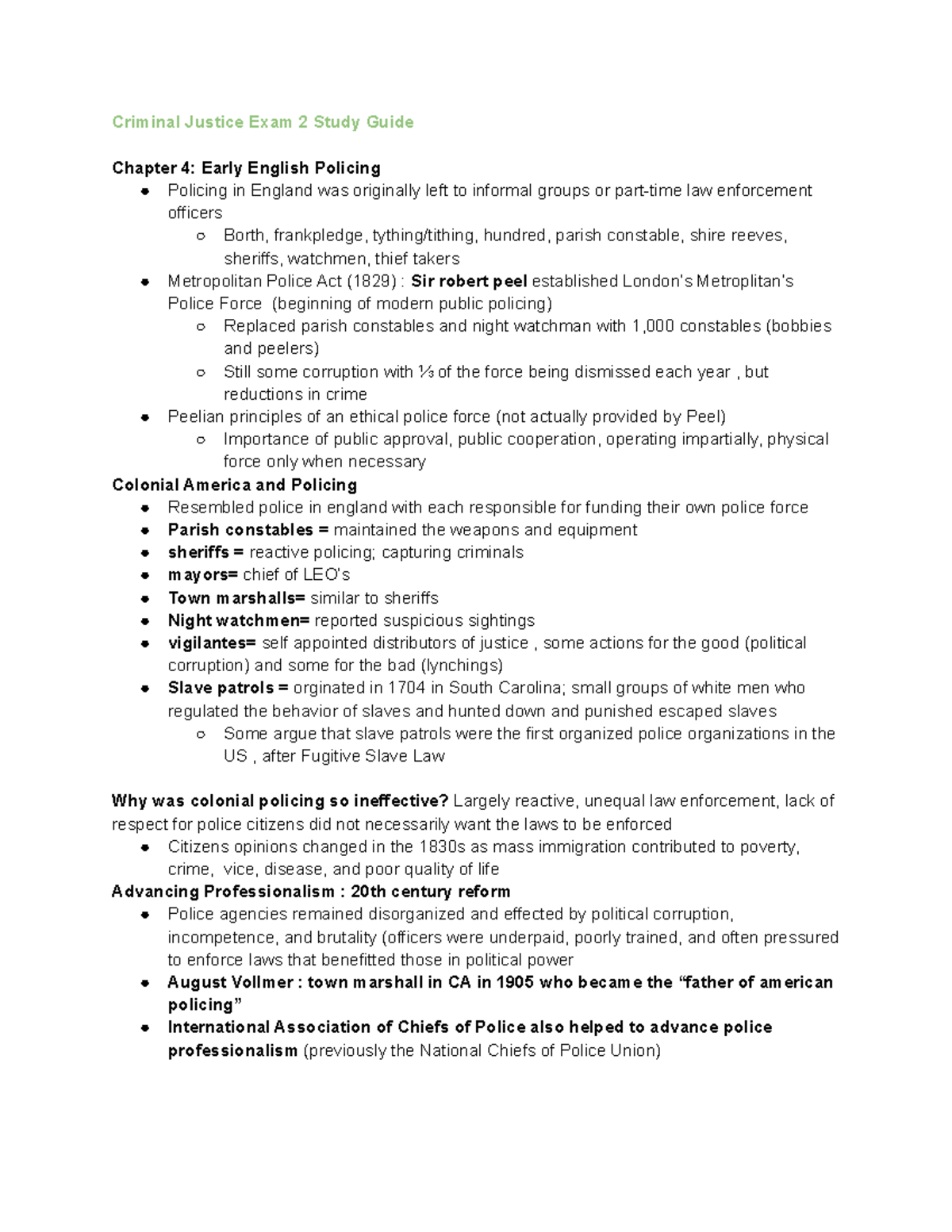 Criminal Justice Exam 2 Study Guide: Early English Policing Insights ...