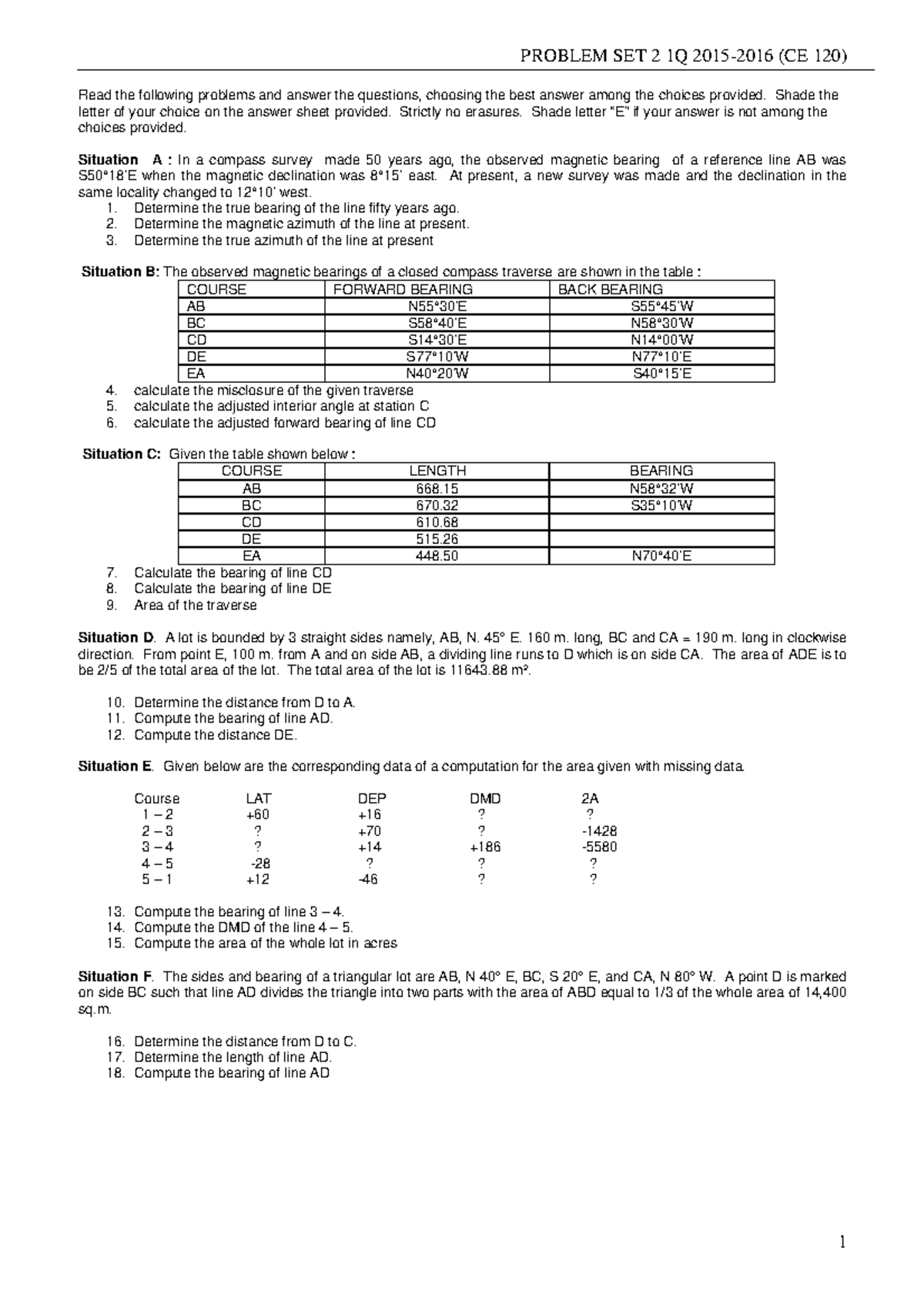 CE 120 Elementary Surveying Problem Set 2 Questions and Solutions - Studocu