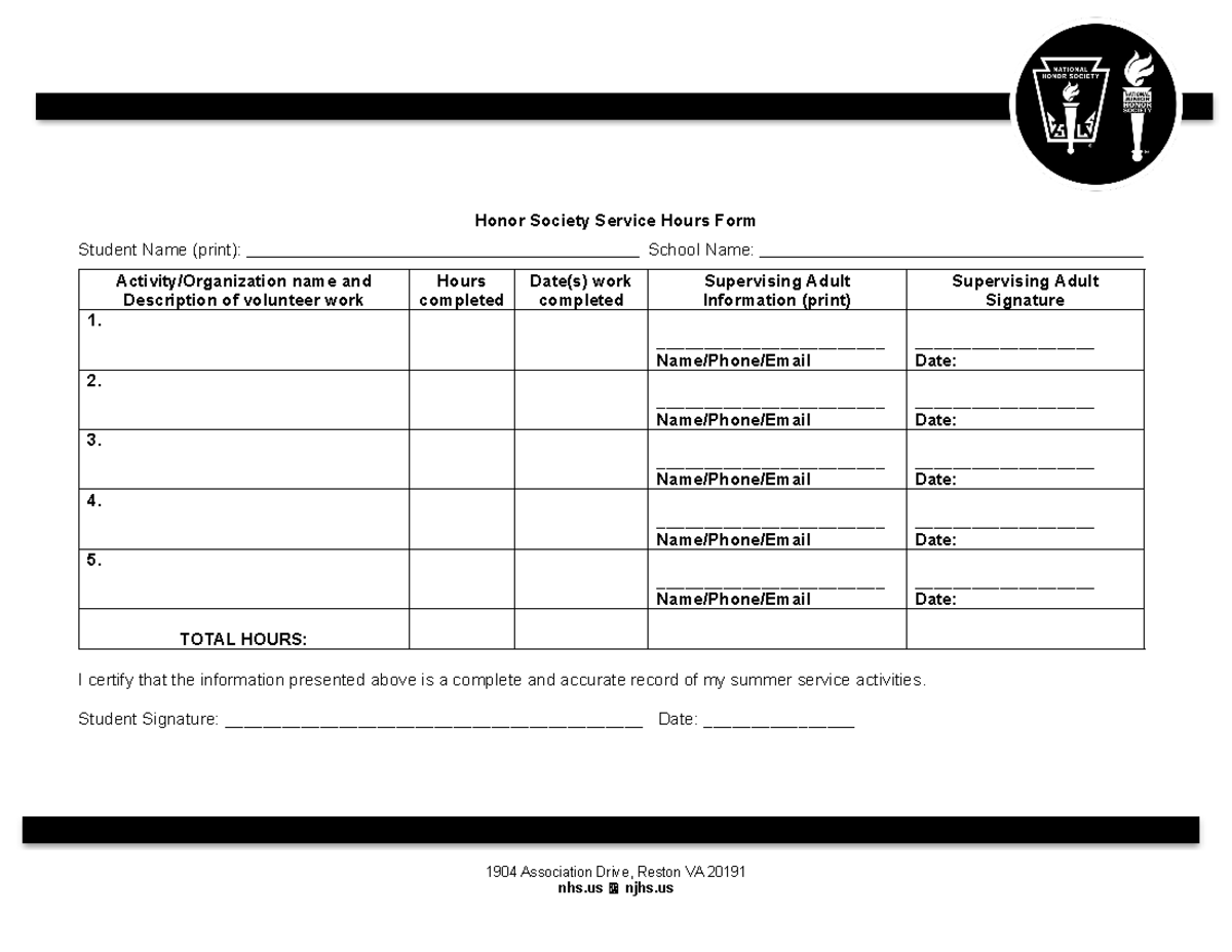 Honor Society Service Hours Tracking Form [NHS-NJHS] - Studocu