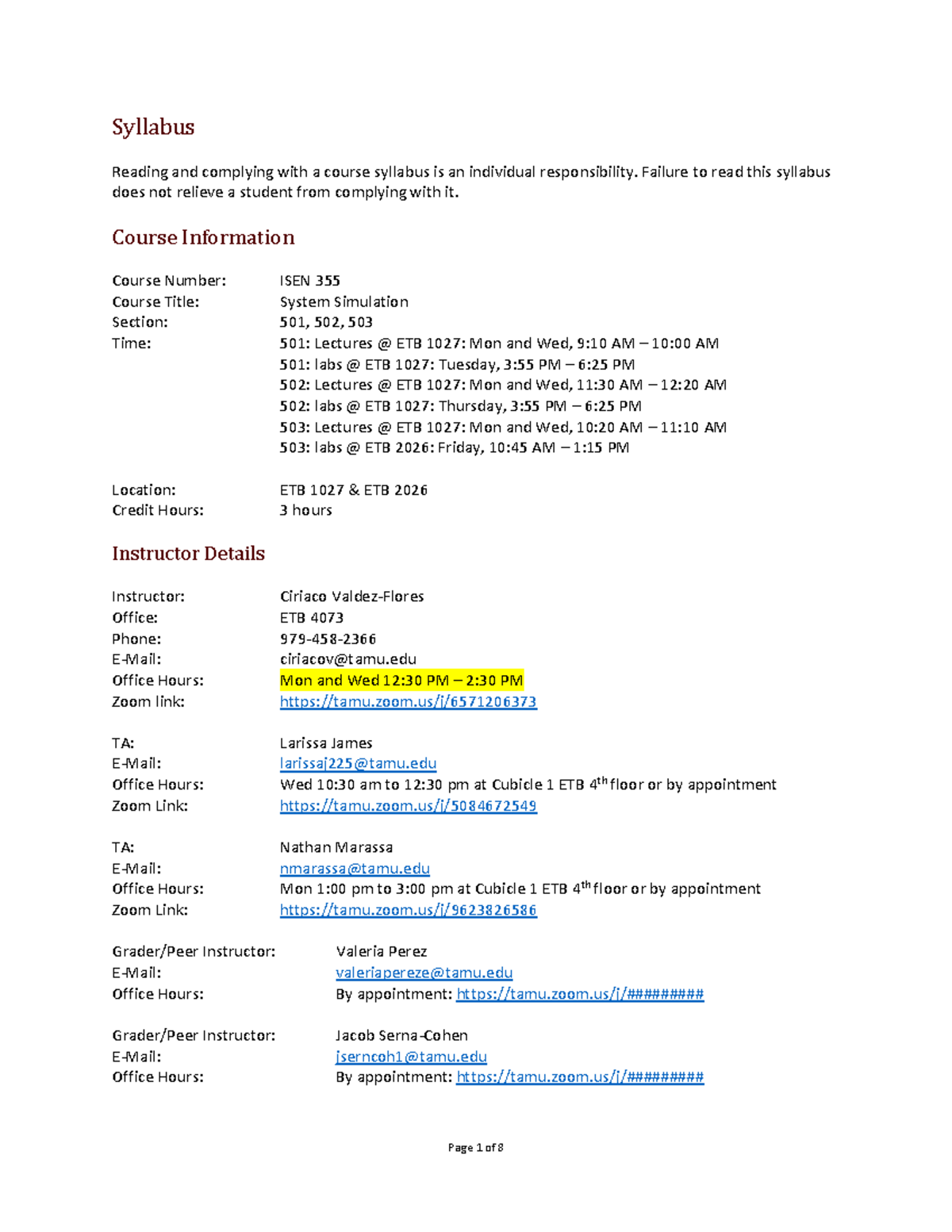 Syllabus for ISEN 355: System Simulation - Fall 2024 - Studocu