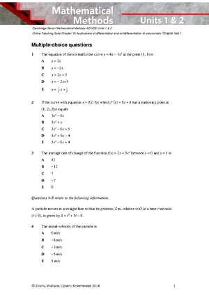 Methods formula sheet - MATHEMATICAL METHODS Written examinations 1 and ...