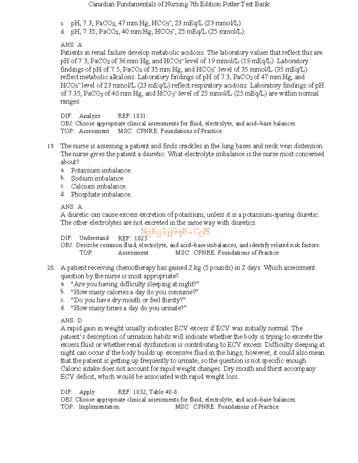 Canadian Fundamentals of Nursing 7th Ed. Potter Test Bank Insights ...