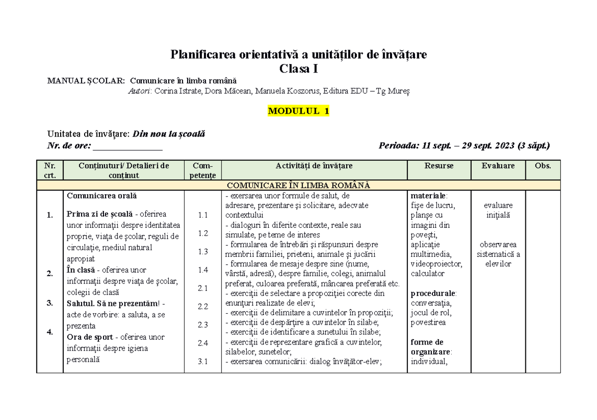 Planificarea Unitatilor de Invatare CLR Clasa I - Manual EDU 2023-2024 - Document Preview