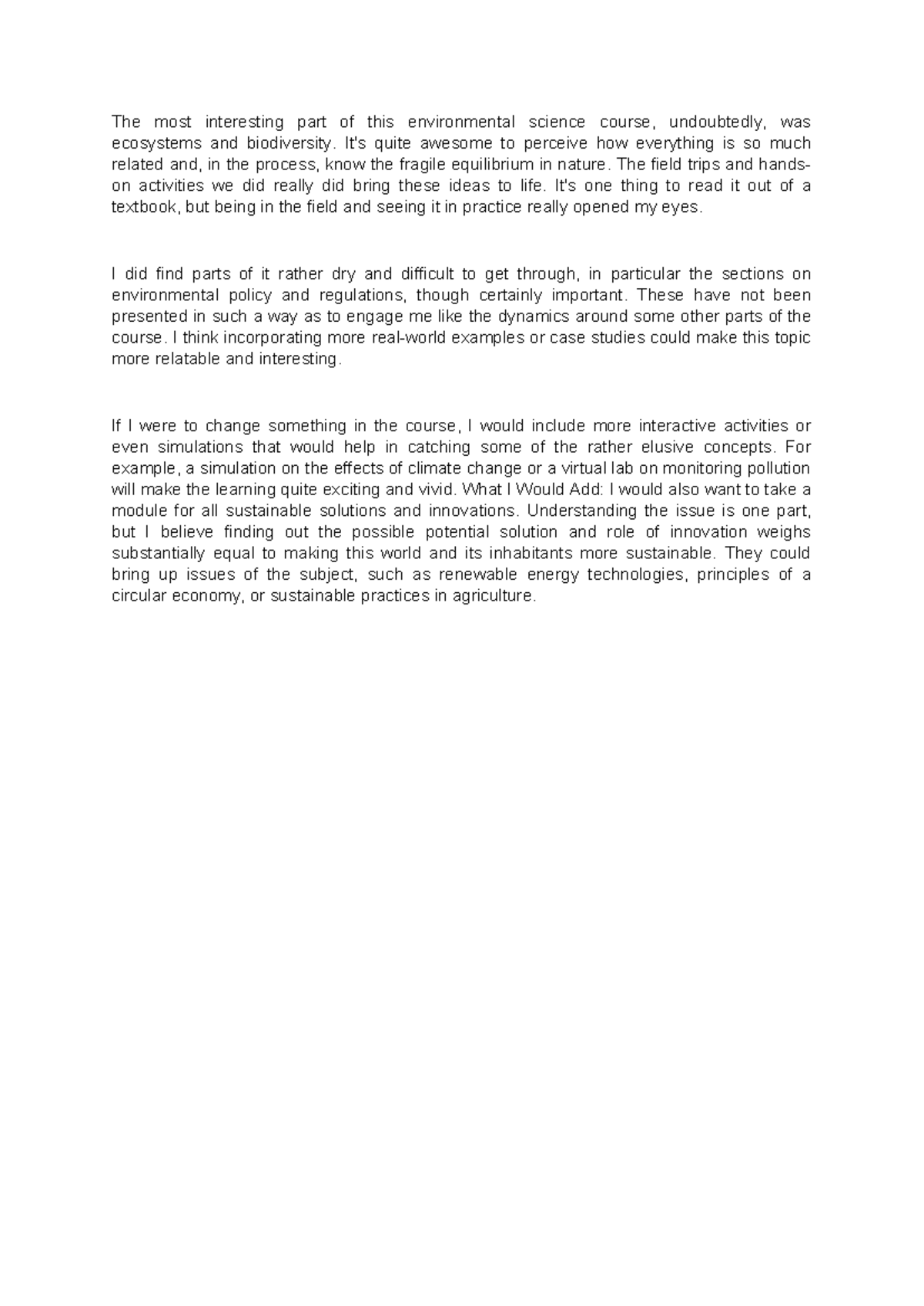 Ecosystems & Biodiversity Insights - ENV SCI 101 Final Reflection - Studocu