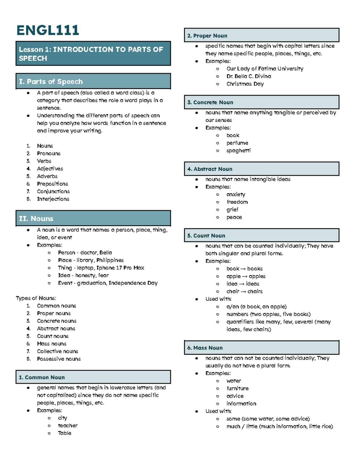 ENGL111 - Lesson 1: Introduction to Parts of Speech and Nouns - Studocu
