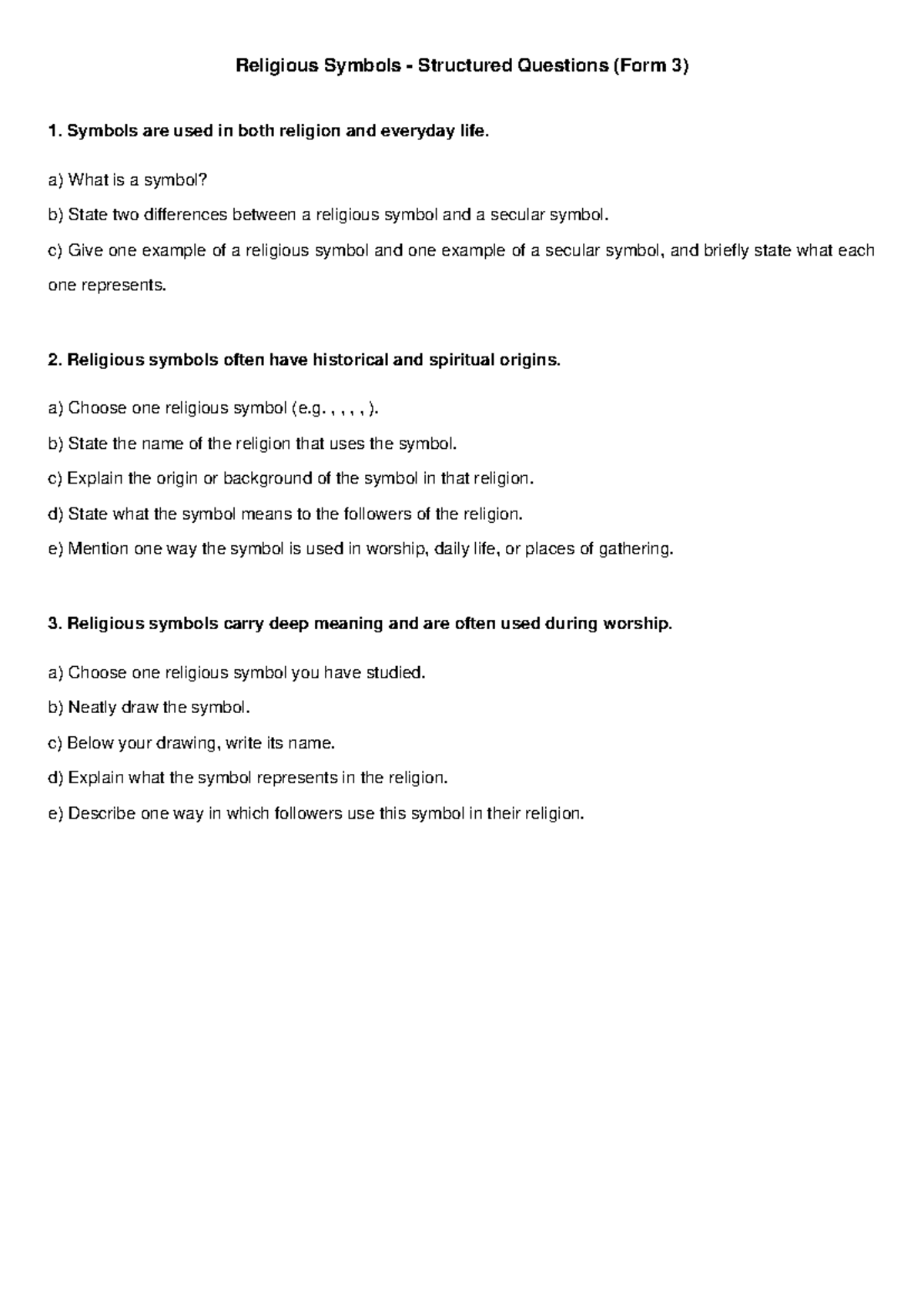 Religious Symbols Quiz (Form 3) - Structured Questions - Studocu