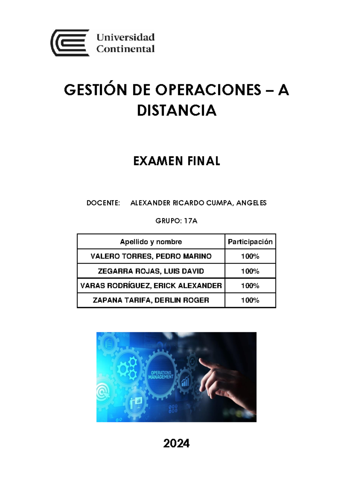 EF Gestión de Operaciones - Examen Final 2024 - Grupo 17A - Studocu