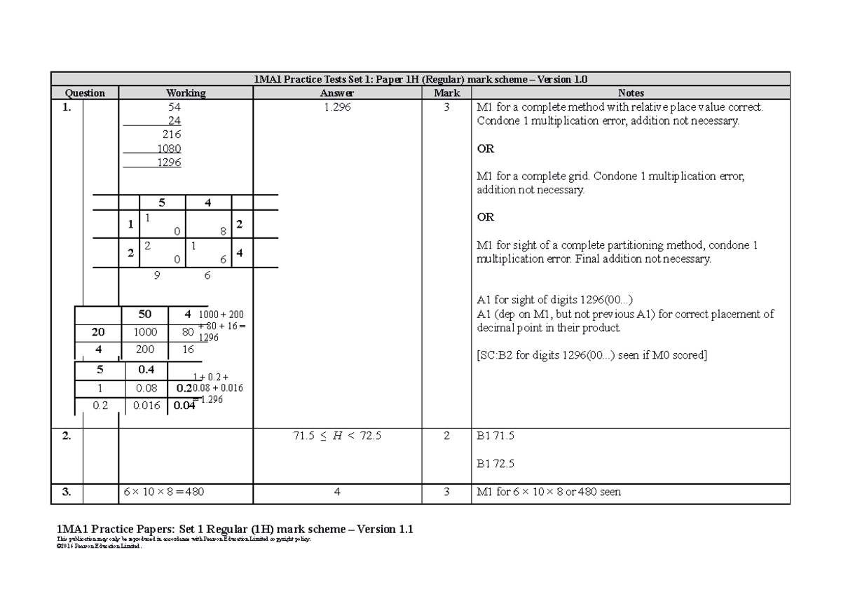 04b Practice test set 1 - Paper 1H mark scheme - Question Working ...