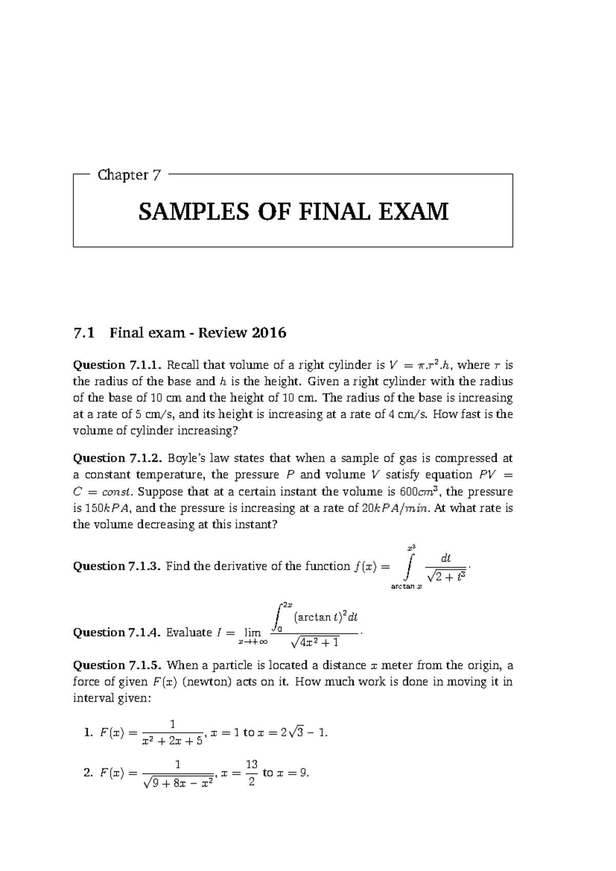 Chapter 7: Final Exam Review 2016-2017 - Sample Questions and Solutions ...