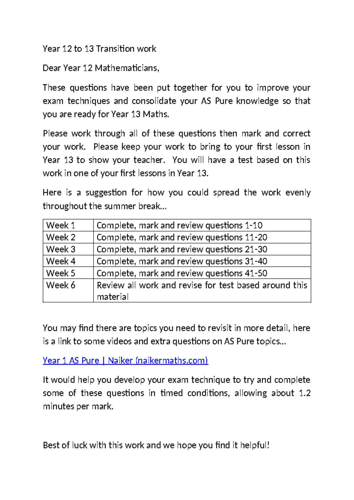 Year 12 to 13 Transition work Summer 2023 Questions - Year 12 to 13 ...