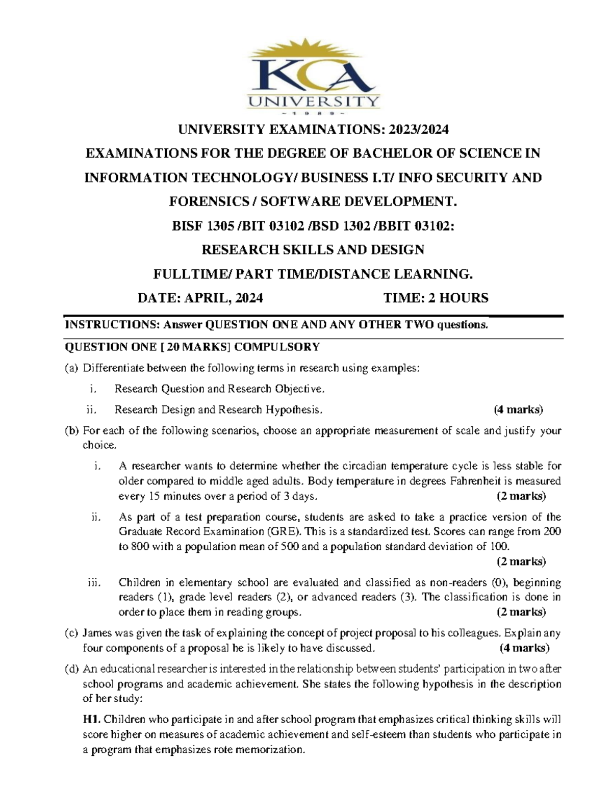 BISF 1305: Research Skills and Design Exam - April 2024 - Studocu