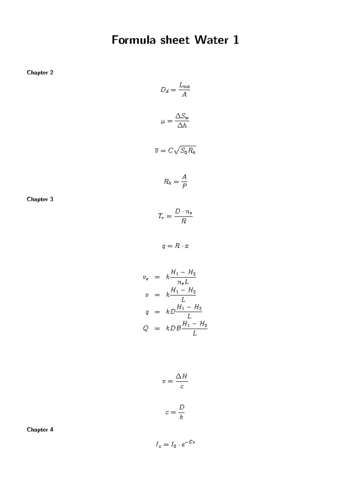 Formula Sheet: Water 1 - Key Equations and Formulas for 2021 - Studeersnel