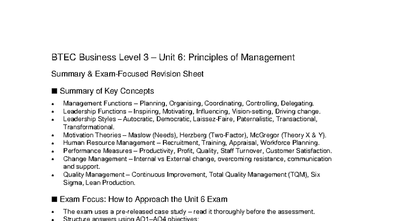 BTEC Unit6 Principles of Management Revision Sheet - BTEC Business ...