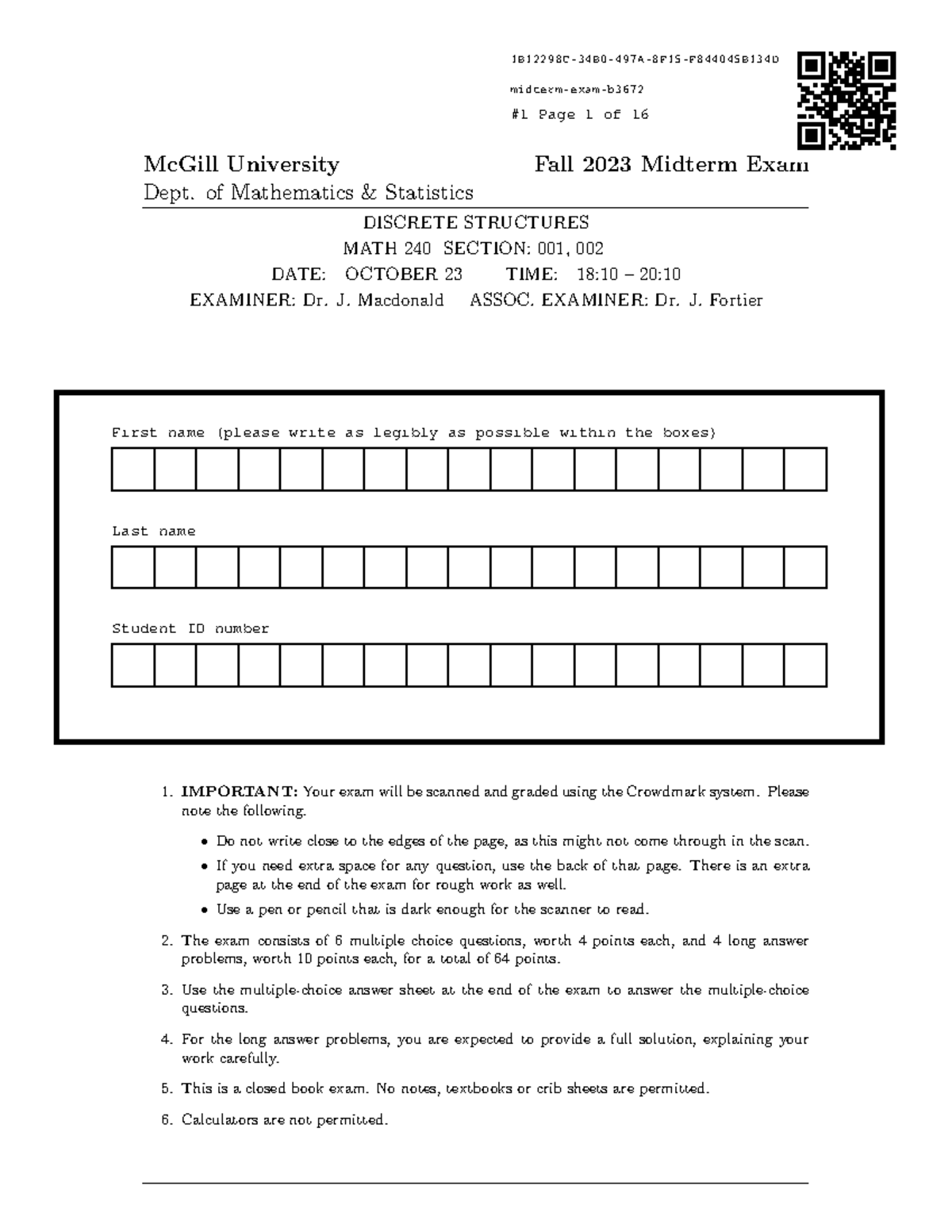 F23 Midterm - McGill University Dept. of Mathematics & Statistics Fall ...