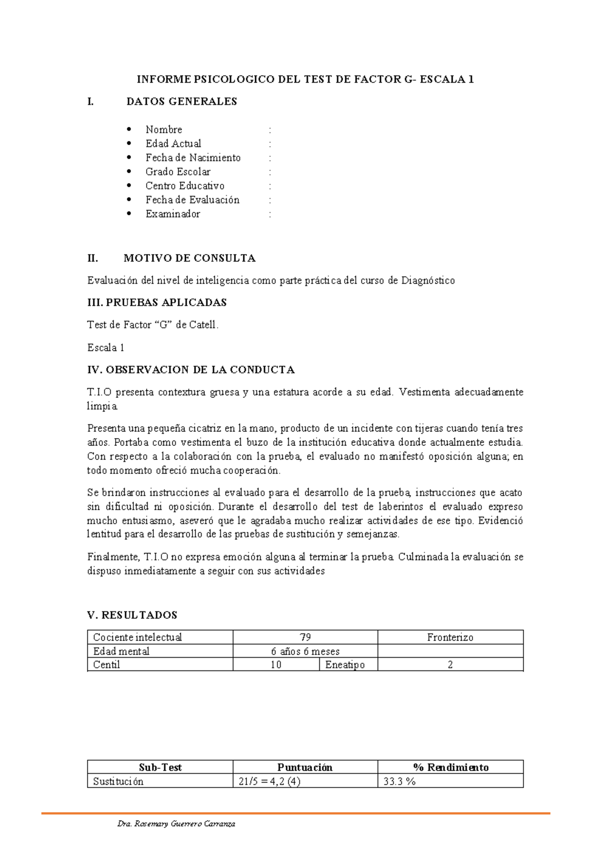 Informe Psicológico del Test de Factor G Escala 1 - Diagnóstico - Studocu