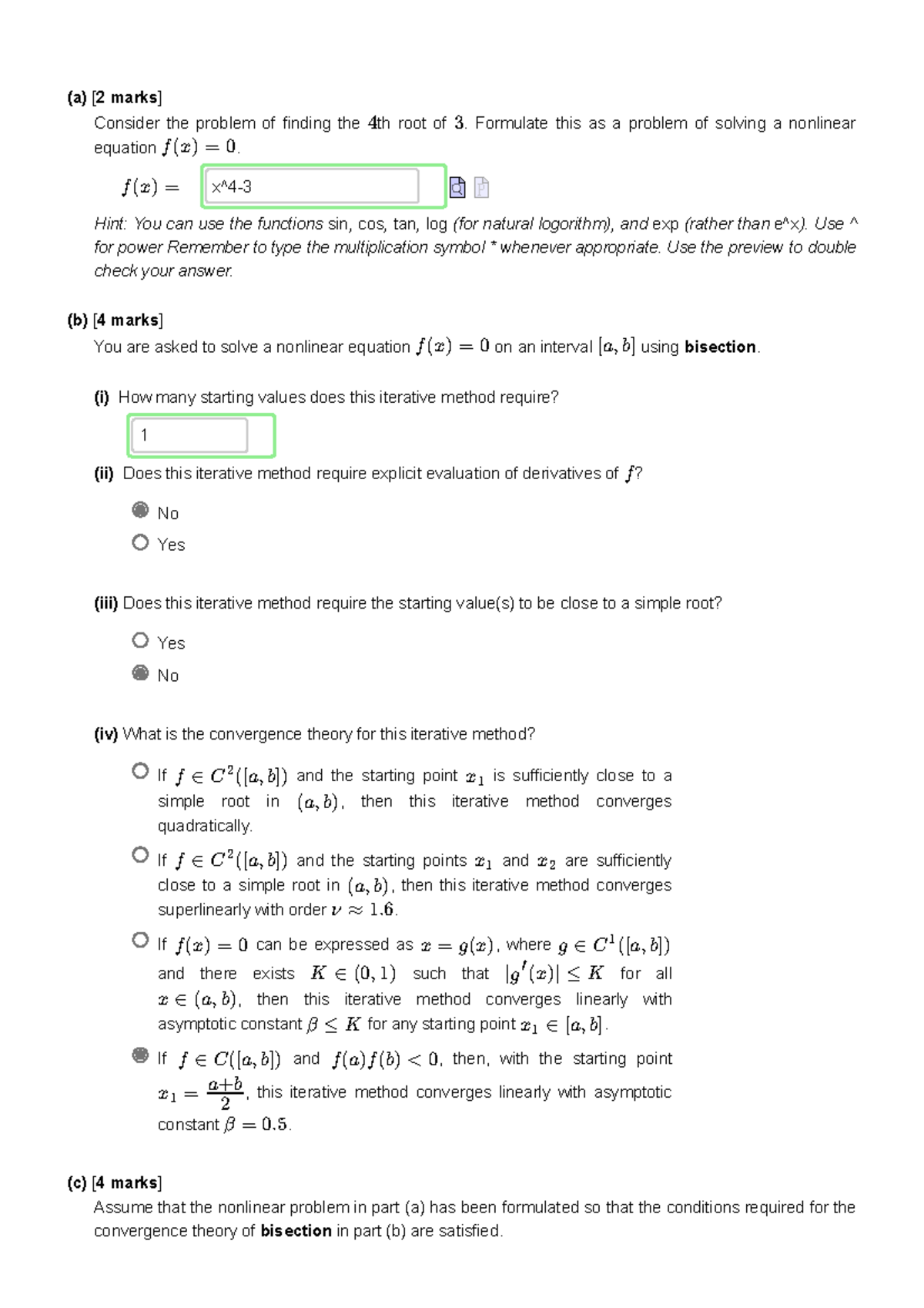 Nonlinear Equation Solving & Bisection Method - Q1+++++ - Studocu