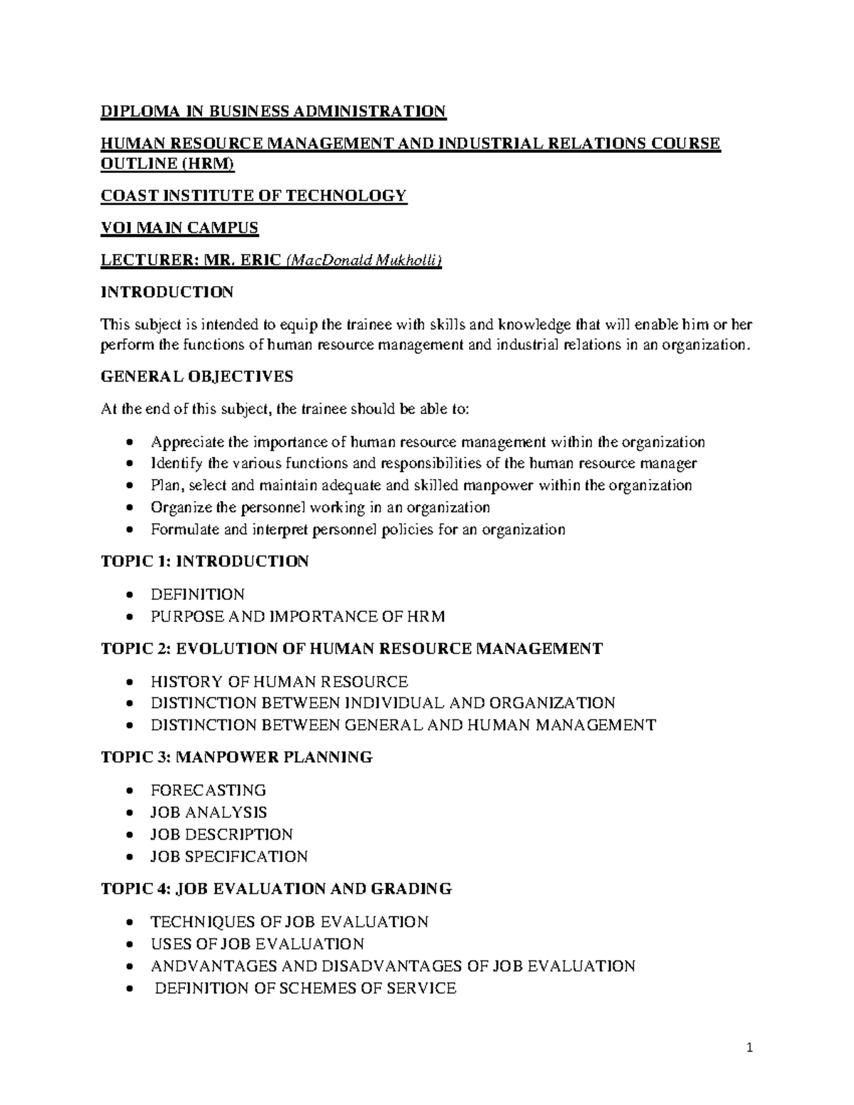 DBA HRM Course Outline: Human Resource Management Topics - Studocu
