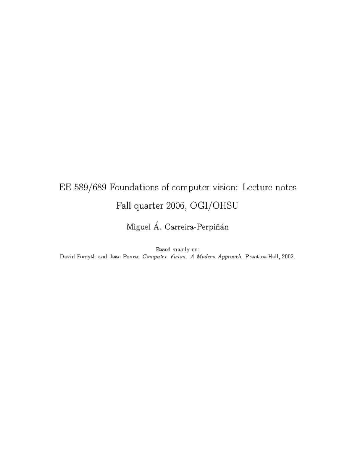 Lecture Notes on Computer Vision - EE 589/689 Fall 2006 - Studocu