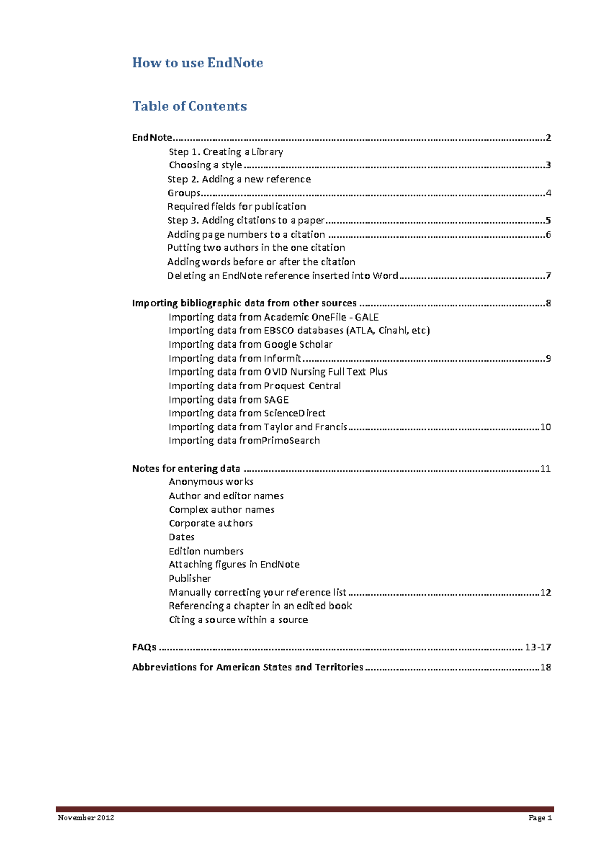 Endnote Notes avond - November 2012 Page 1 How to use EndNote Table of ...