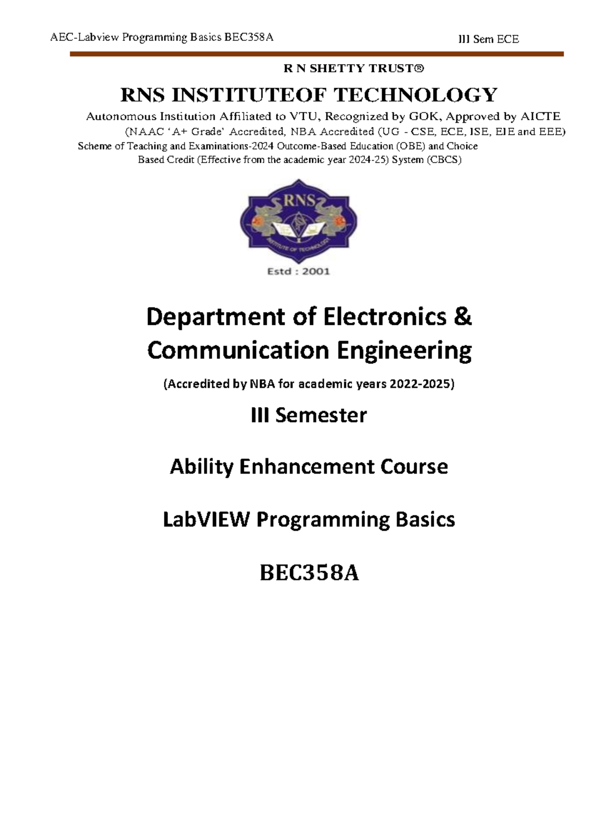AEC LabVIEW Programming Basics for BEC358A - III Sem ECE - Studocu