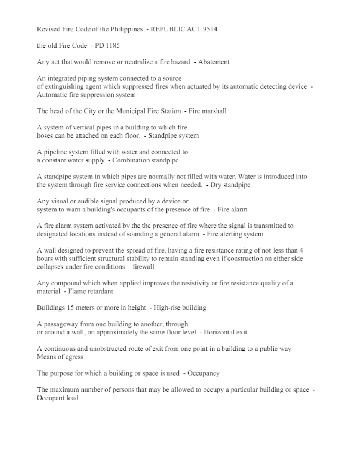 RA 9514 Review: Revised Fire Code of the Philippines Summary - Studocu