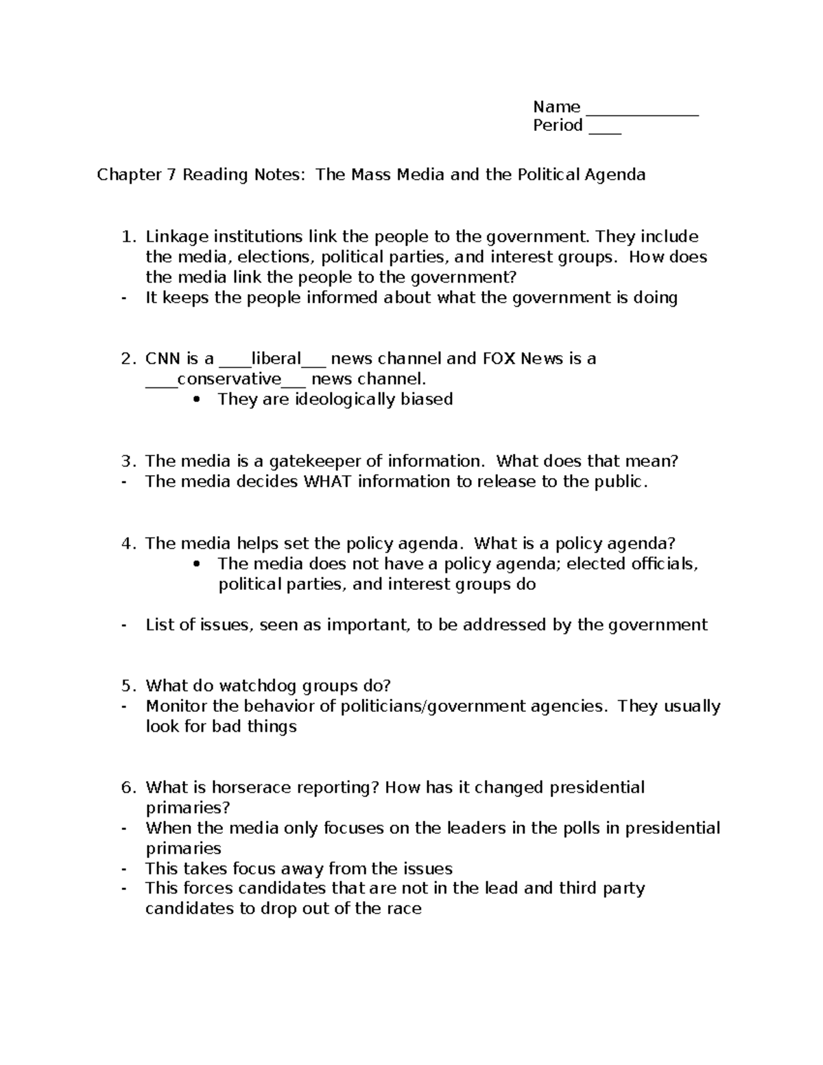 Chapter 7 Reading Notes: The Mass Media & Political Agenda - Studocu