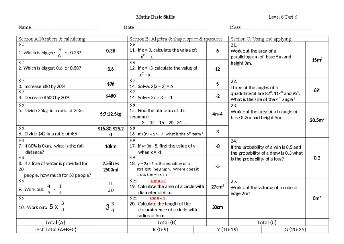 Maths Level 6 Test 10 Answers - Grade 6 Practice Exercises - Studocu