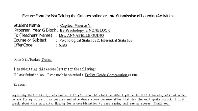 Psychological Statistics 2 (6390) Excuse Form for Late Submission - Studocu