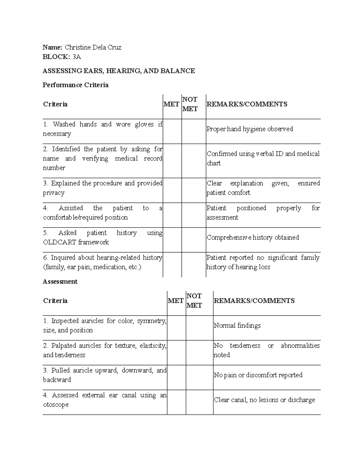 3A Performance Assessment: Ears, Hearing, and Balance Evaluation - Studocu