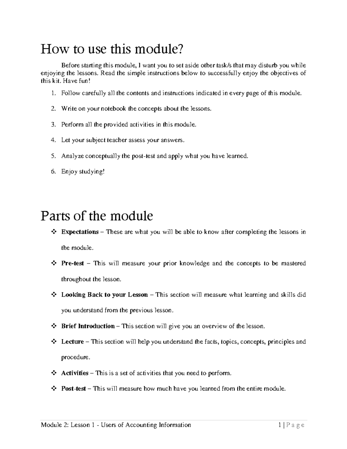 ABM 1 Module 2 Lesson 1: Users of Accounting Information Notes - Studocu