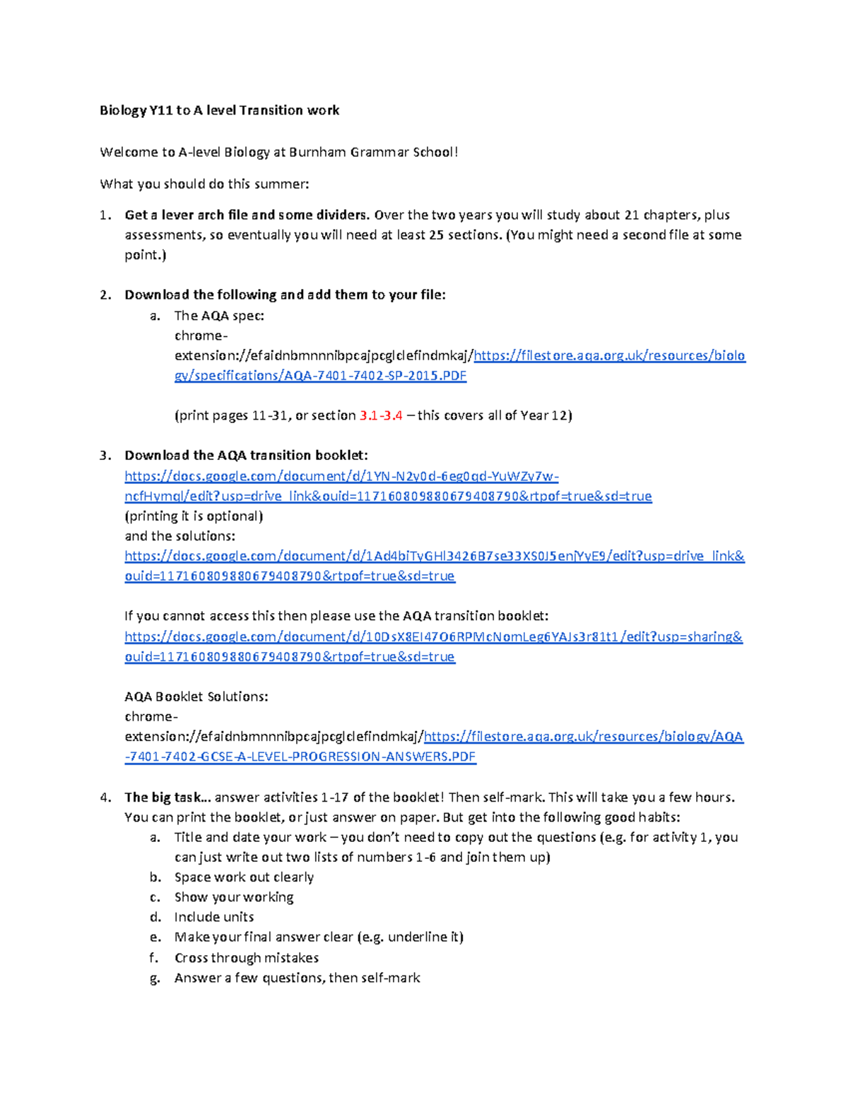 Biology Y11 to A level Transition work - Over the two years you will ...