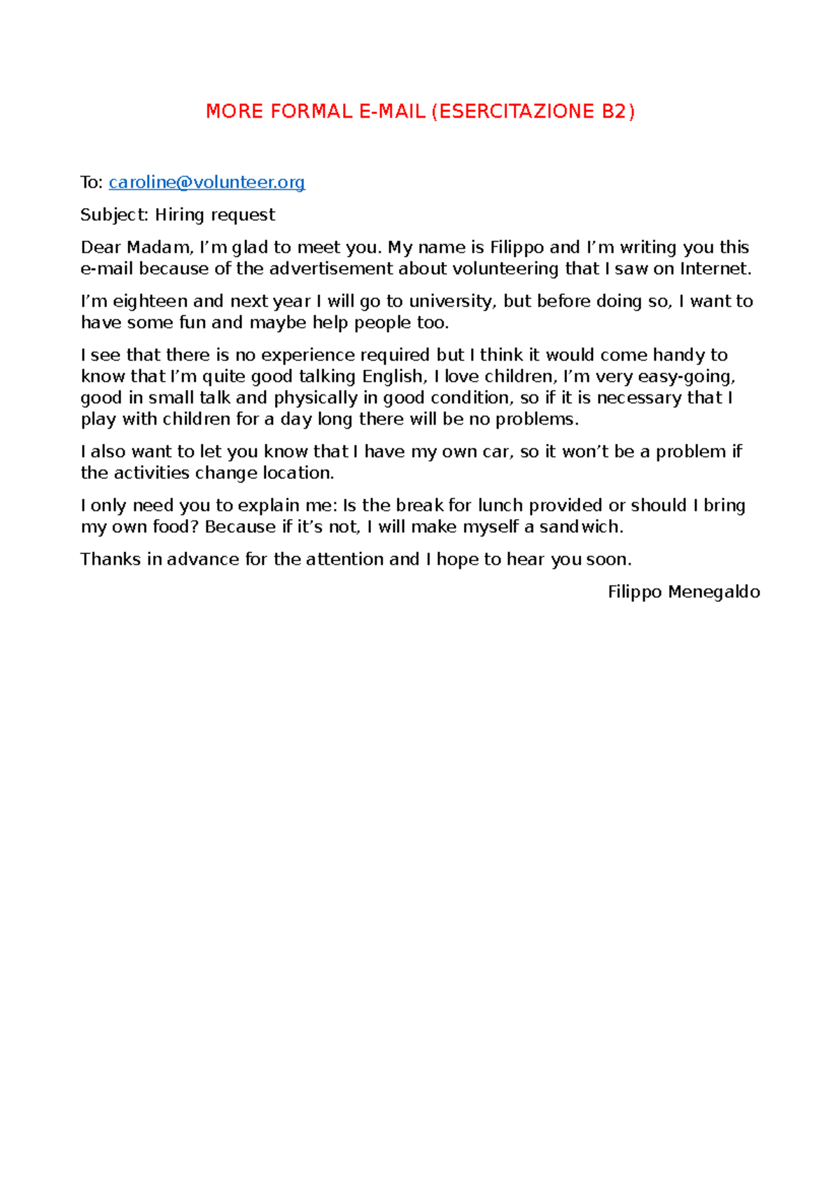 B2 Exercise - Formal Email Writing Practice - Studocu