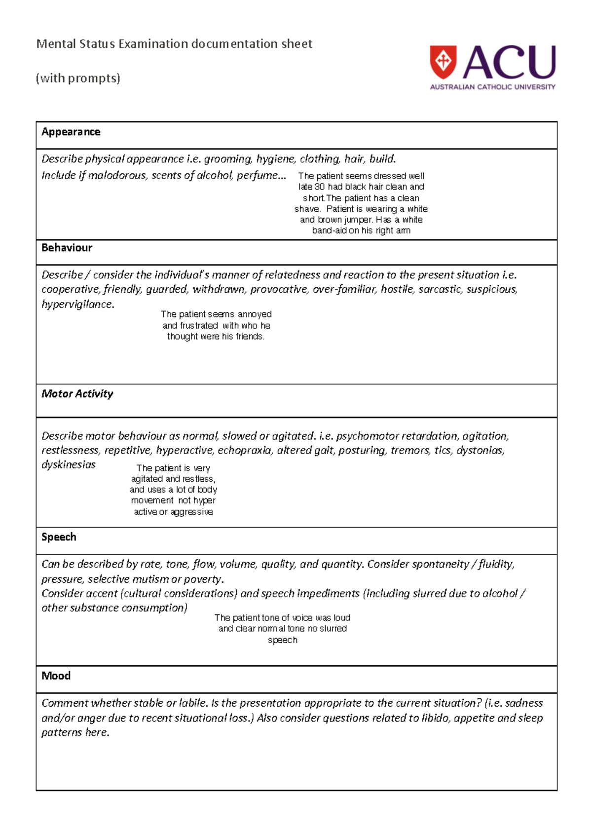 ACU MSE Prompts Worksheet for ECL Revision - Mental Status Assessment ...