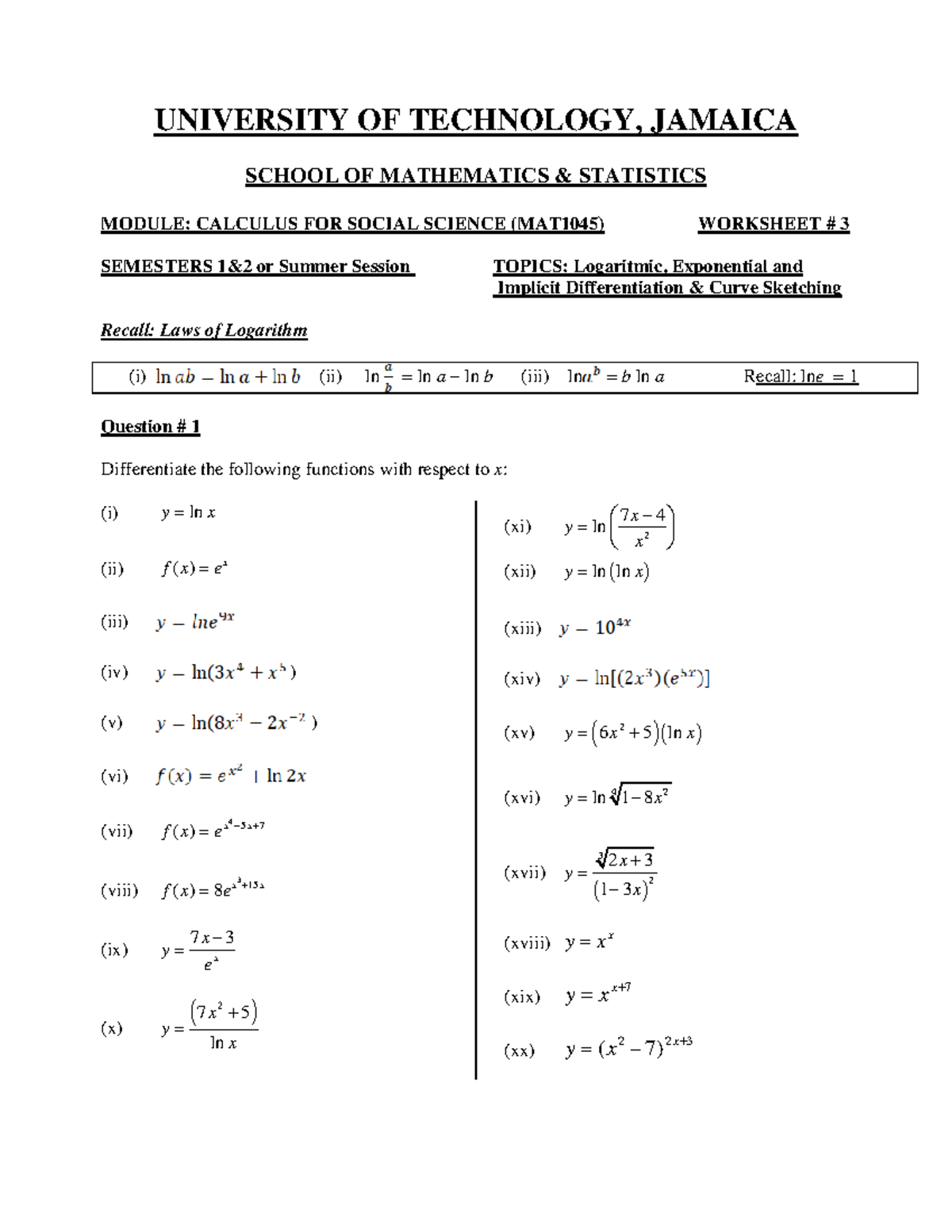 MAT1045 CALCULUS FOR SOCIAL SCIENCE WKST #3: Differentiation Techniques ...