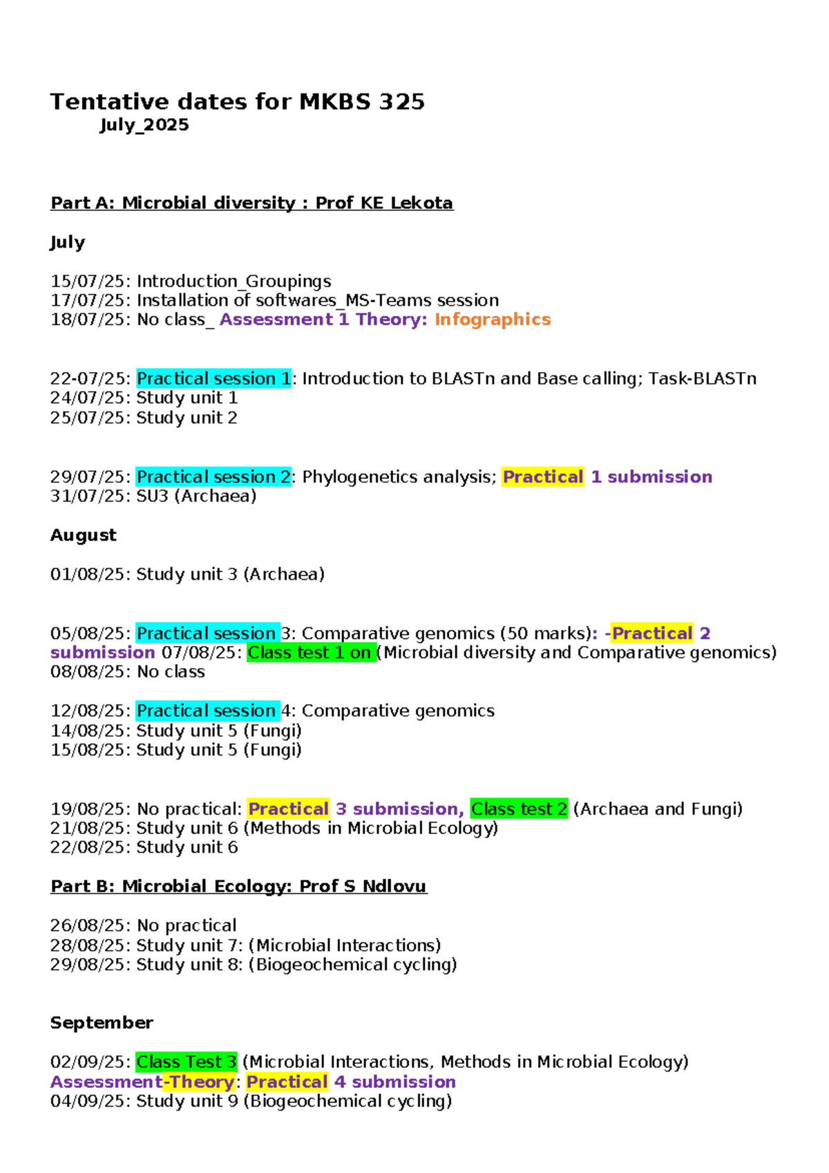 Tentative Schedule for MKBS 325: Microbial Diversity & Ecology 2025 ...