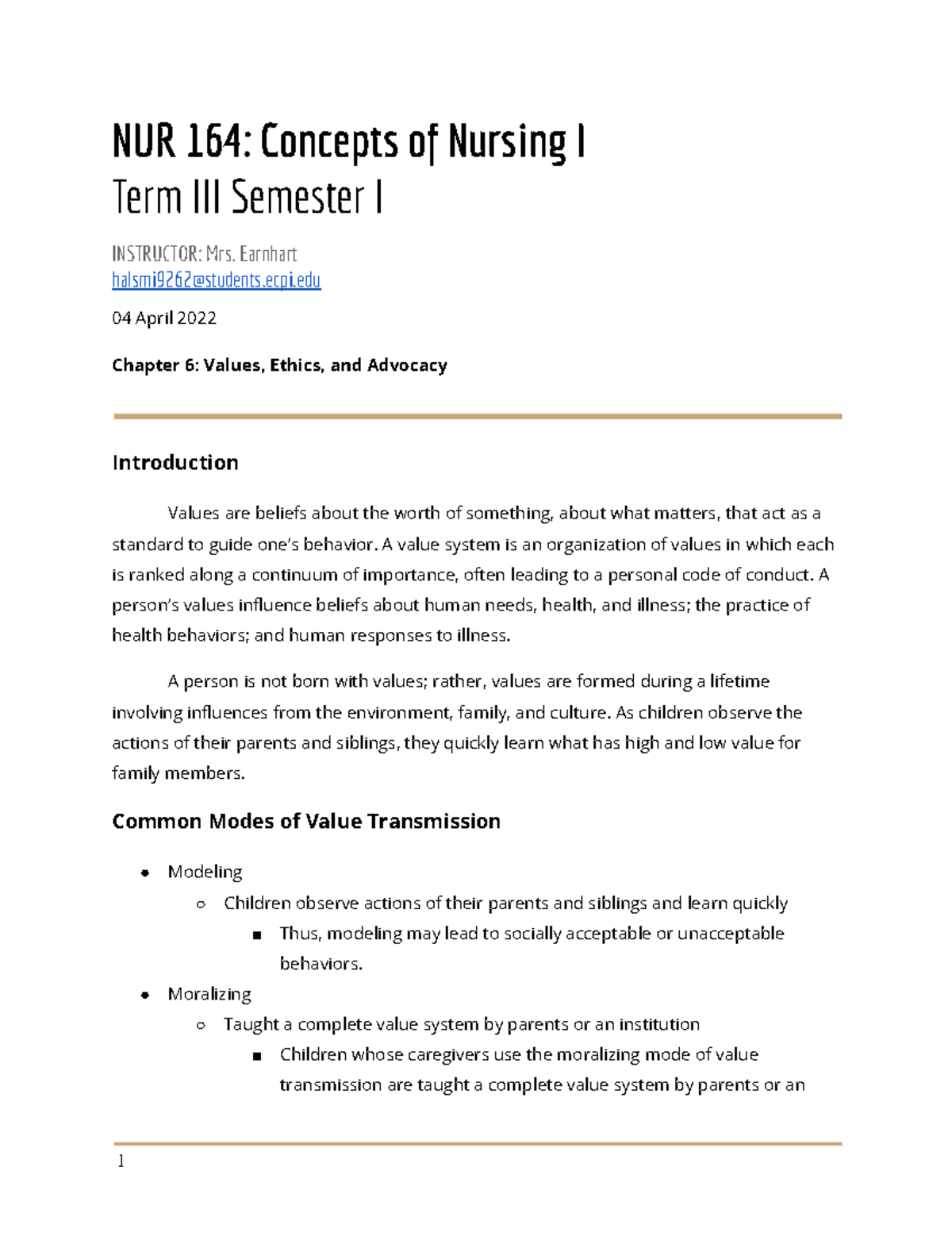 NUR 164 Chapter 6 Values, Ethics, and Advocacy Summary Notes - Studocu
