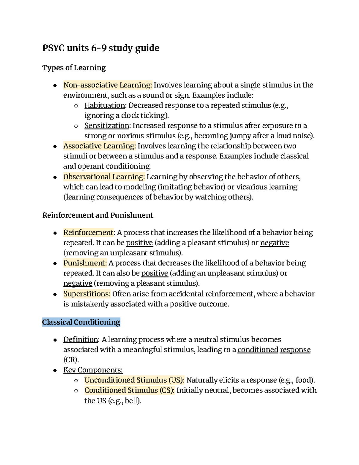 PSYC Units 6-9 Study Guide: Key Concepts in Learning, Memory ...