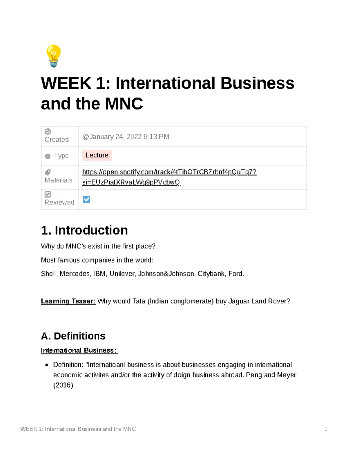 Week 1 Lecture Notes: International Business & MNE Concepts 5QQMB207 ...