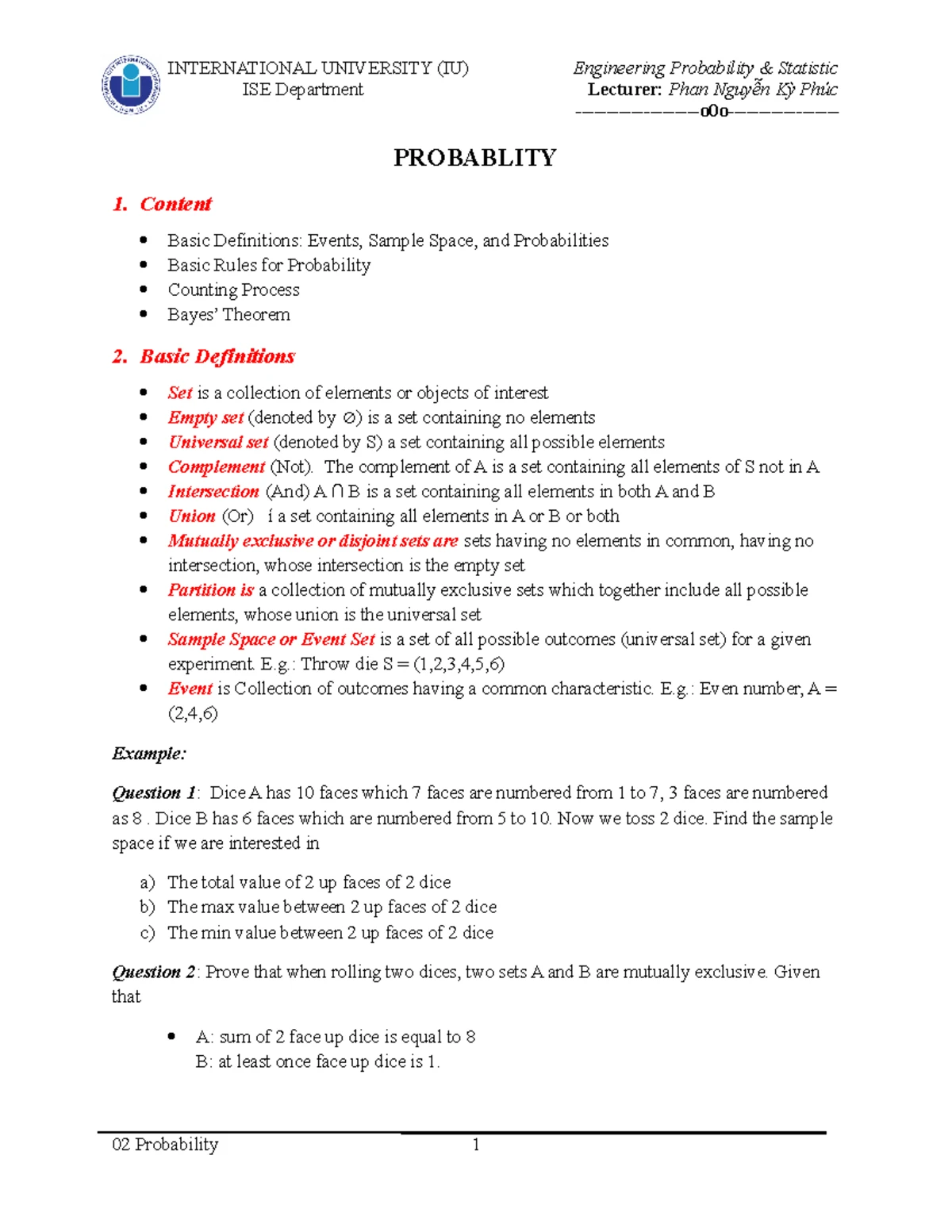02 Probability with Solution - ISE Department Lecturer: Phan Nguyễn Kỳ ...