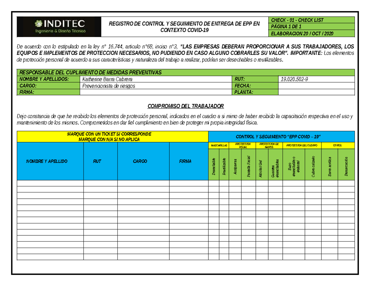 Check - 01 - Entrega DE EPP Covid-19 - REGISTRO DE CONTROL Y ...