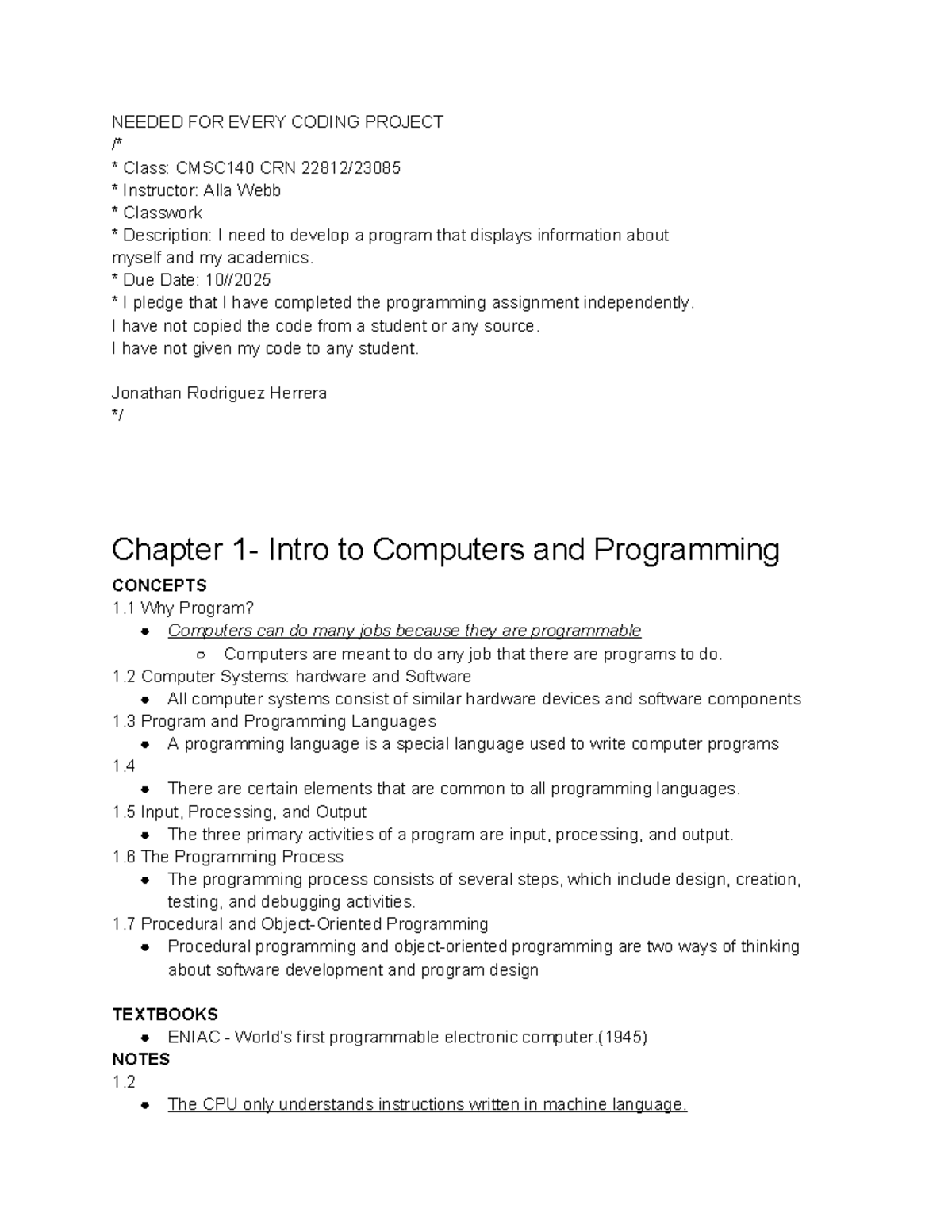 C++ Programming Overview and Concepts - CMSC140 Class Notes - Studocu
