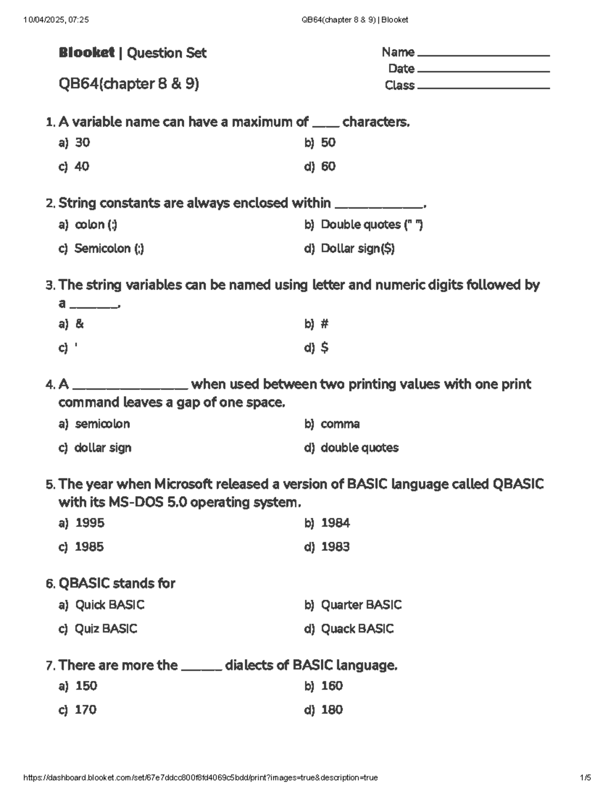 QB64 (Chapter 8 & 9) Blooket Quiz Questions and Answers - Studocu