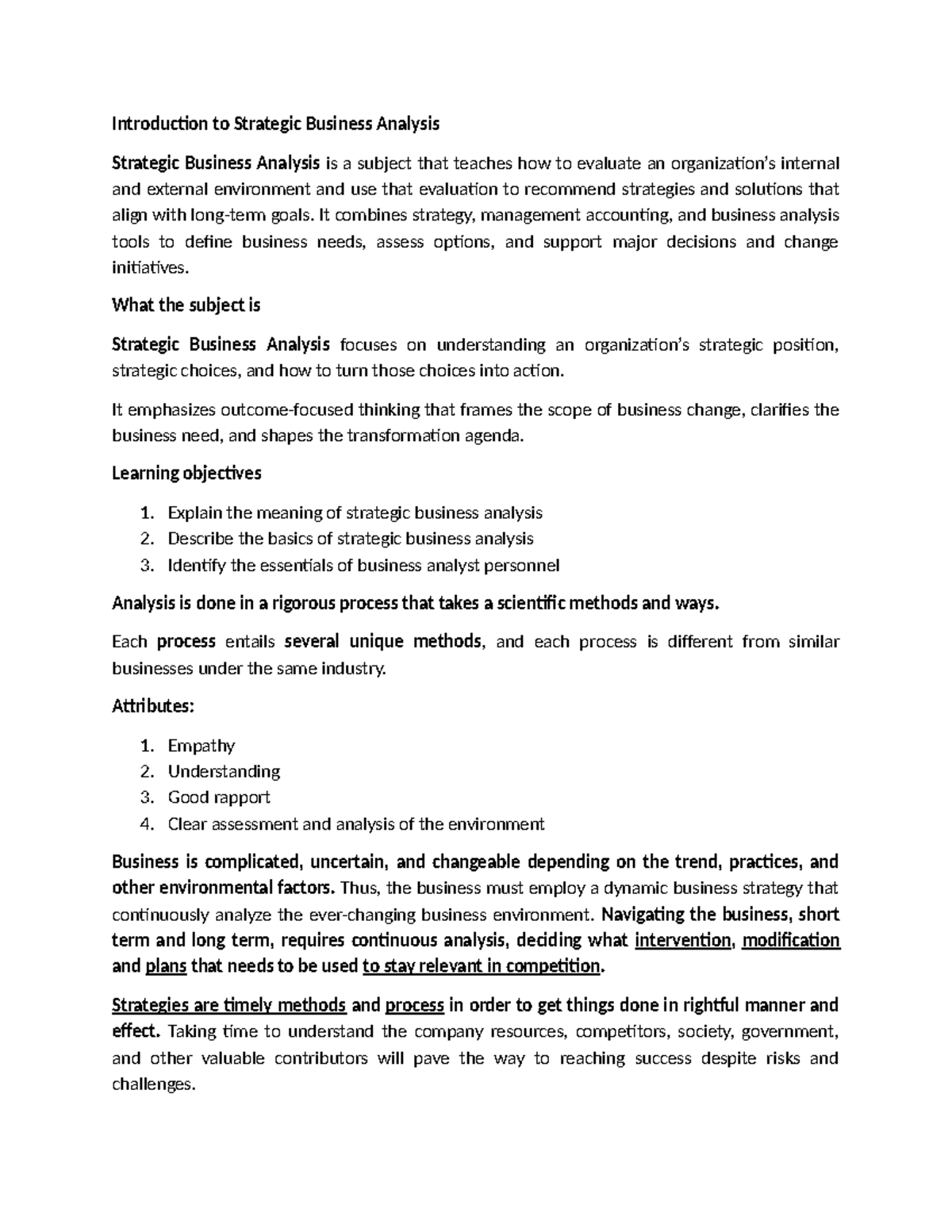 Strategic Business Analysis Overview: Key Concepts and Importance - Studocu