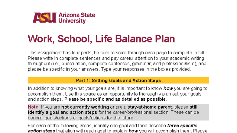 Work, School, Life Balance Plan: Goals & Action Steps Assignment - Studocu