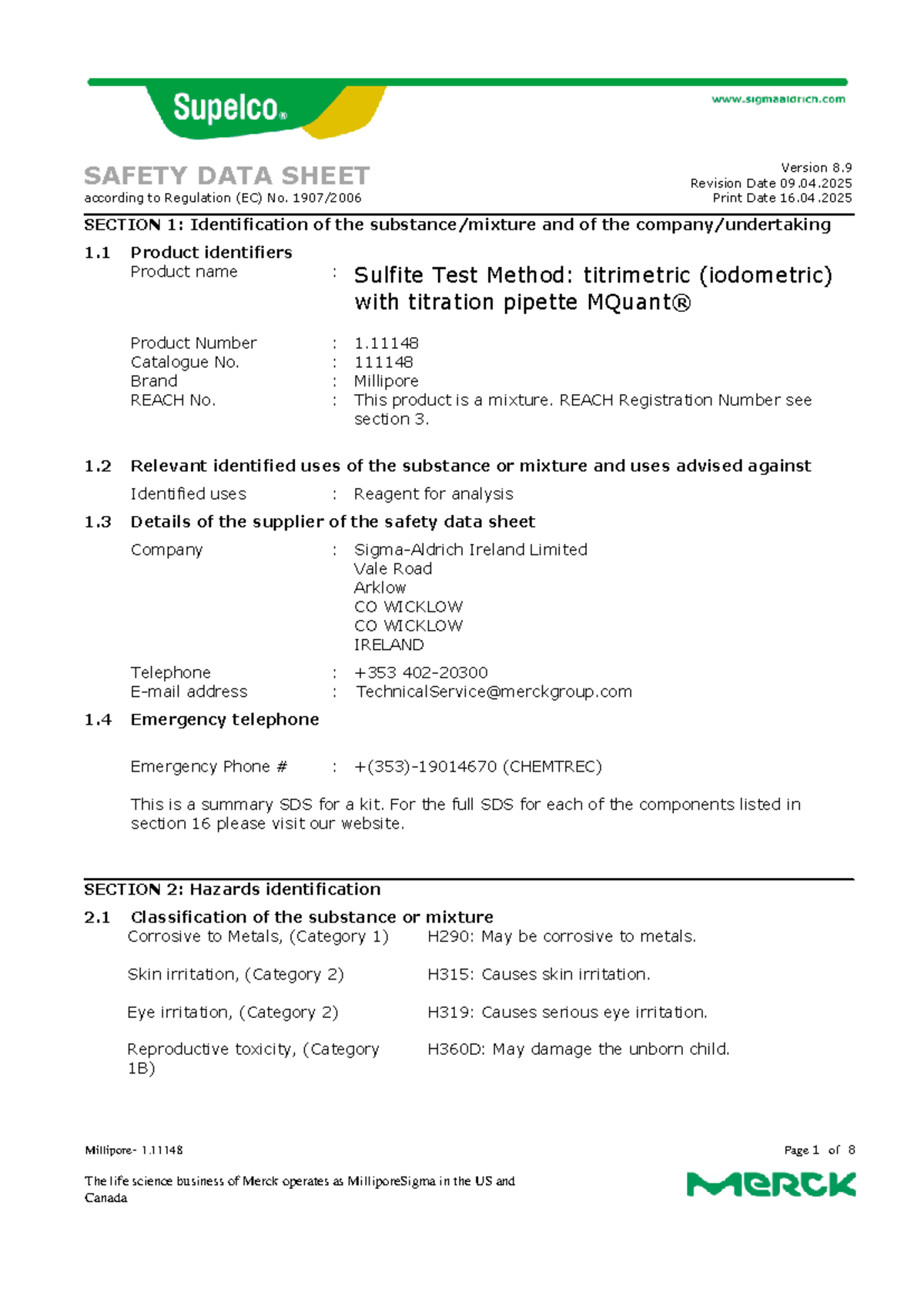 Sulfite Test Method SDS (Version 8.9) - Millipore 111148 - Studocu