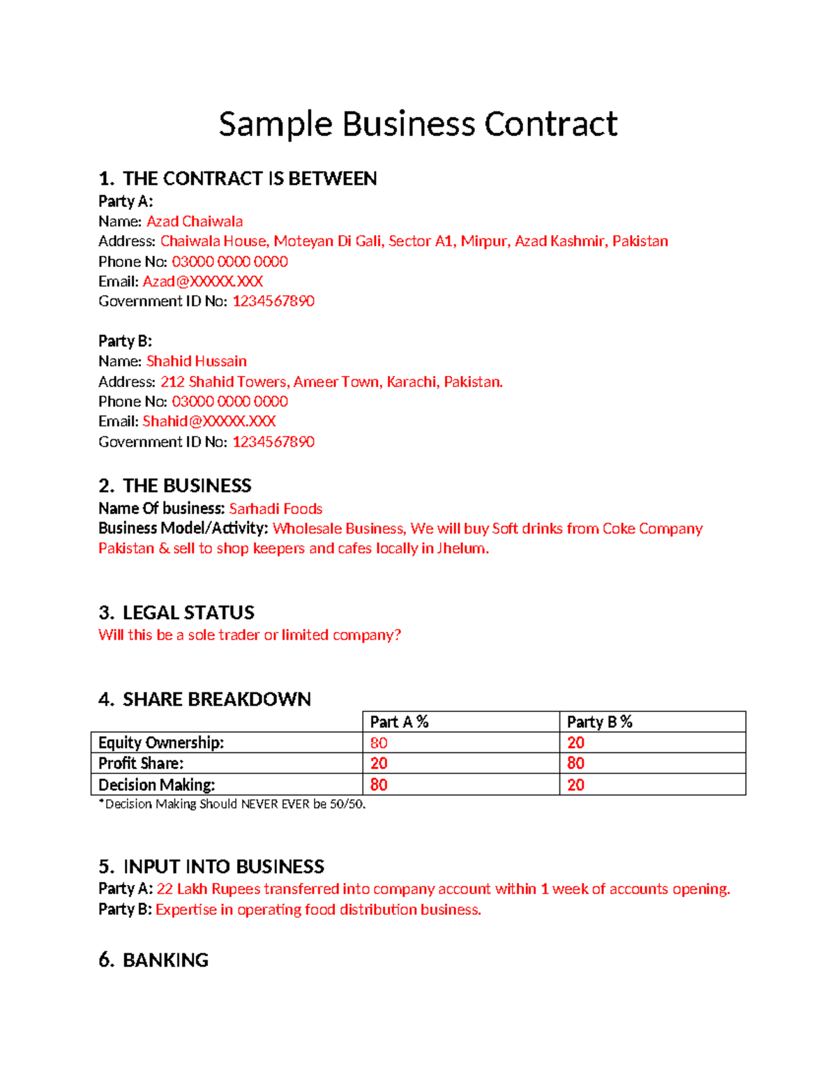 Business Contract Sample: Sarhadi Foods Agreement - Studocu