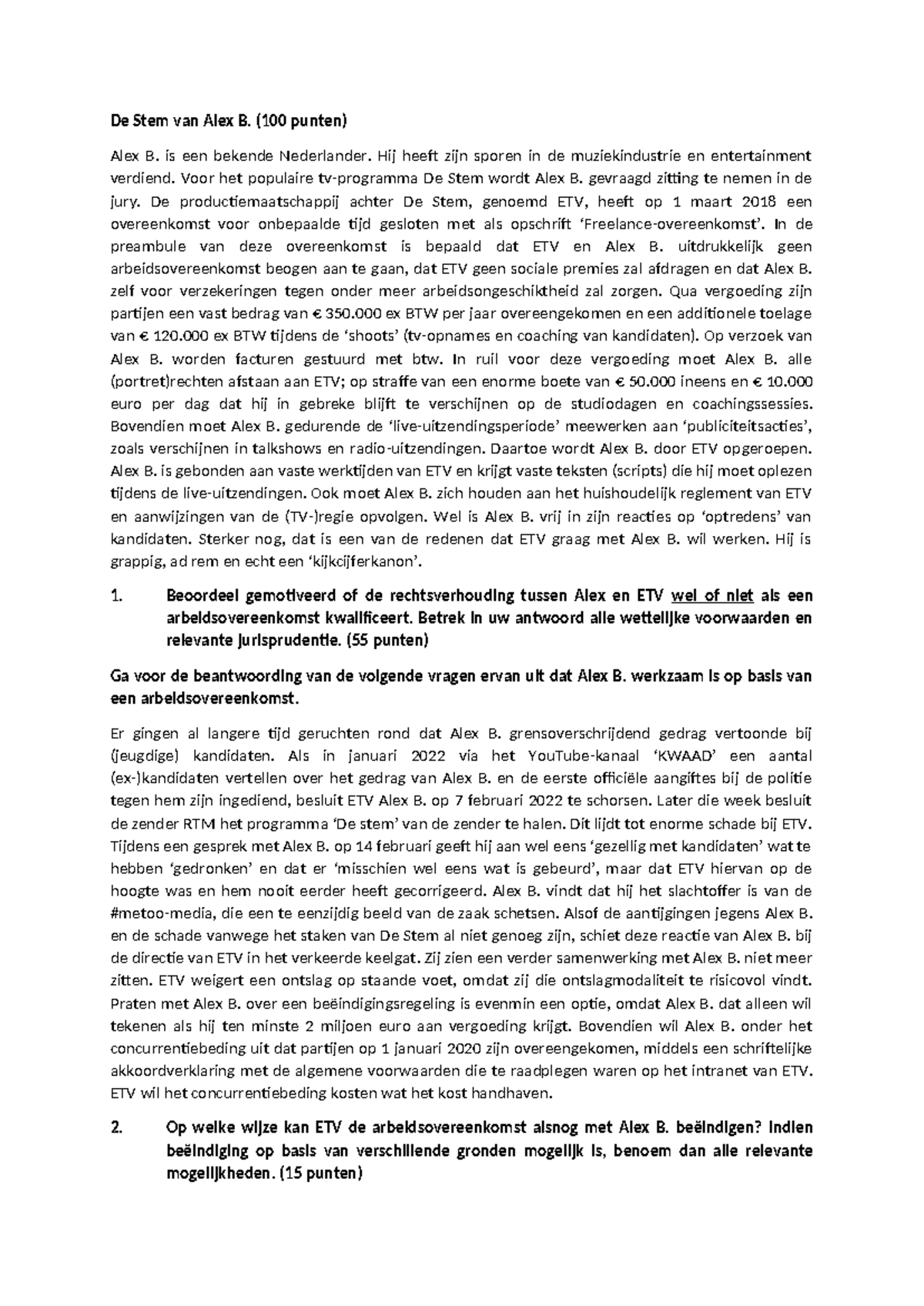 Oefententamen AR - Alex B. en ETV: Arbeidsovereenkomst en Beëindiging ...